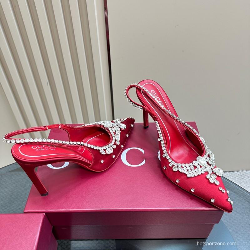2025 Women Gucci Red Silk Rhinestone Embellished Heels KFY00340
