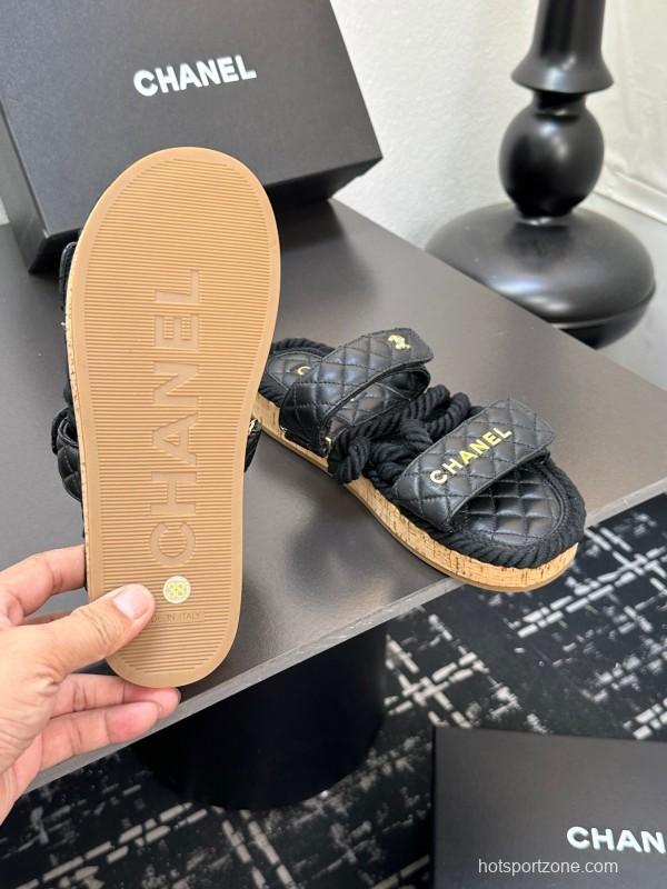 2025 Slippers Chanel Black Leather Cork Sole Sandal LY00250