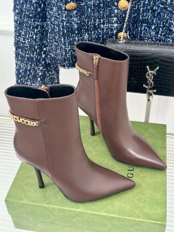 2024 Women Gucci brown calf leather ankle boots chain MJ00410