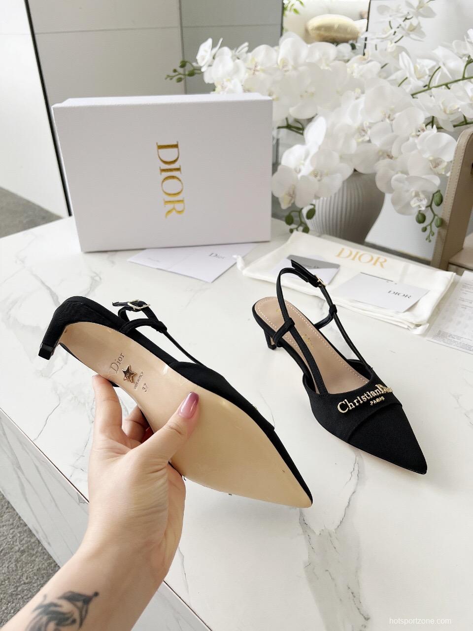 2025 Women Dior Black Fabric Slingback Kitten Heel