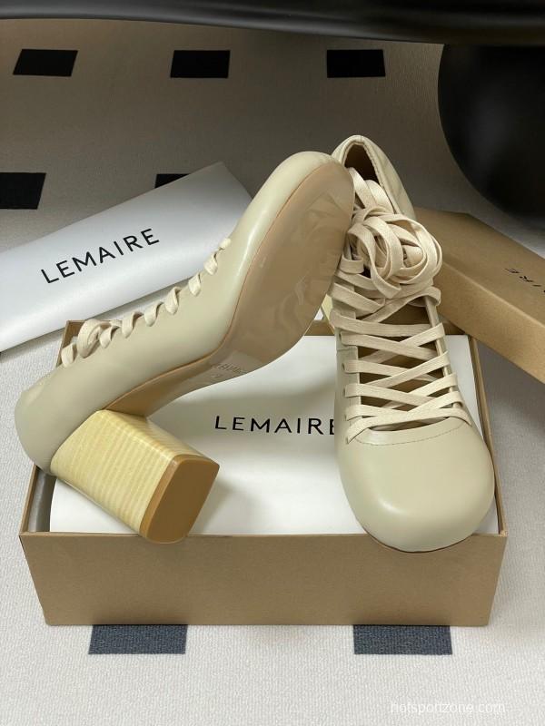 2025 Women Lemaire Ivory Leather Round Toe Block Heel Lace Up KFY00310
