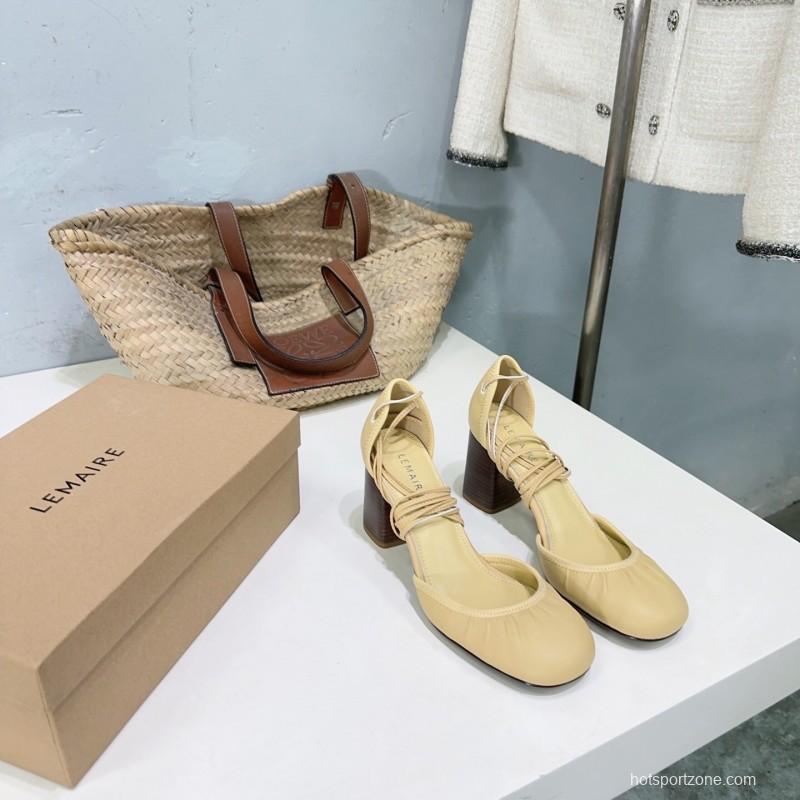 2025 Women LEMAIRE Pale Yellow Lambskin Mary Jane Heeled Shoes