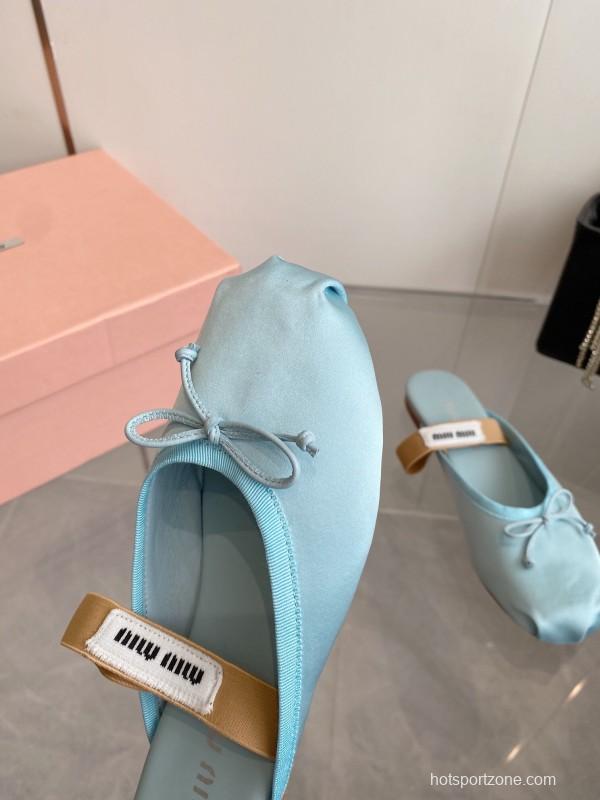2025 Women Miu Miu Light Blue Satin Slip-On Ballet Flats KFY00280