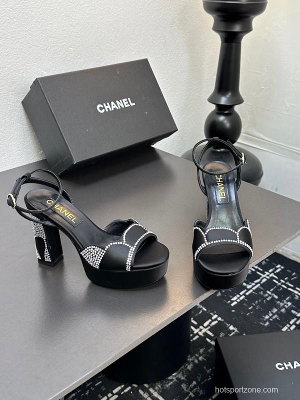 2025 Women Chanel Black Fabric Leather Rhinestone Platform Sandals KFY00320