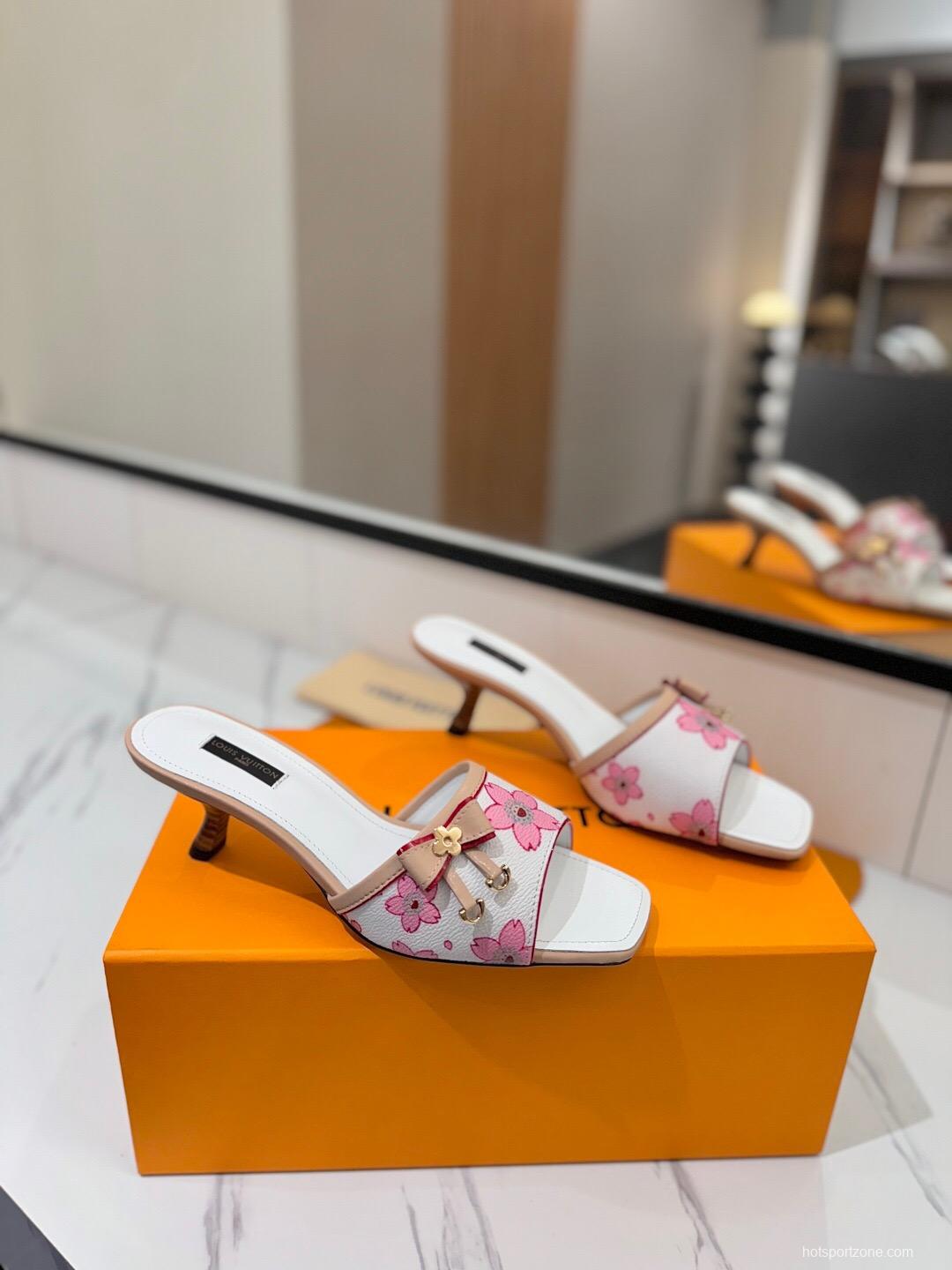 2025 Women LV White Pink Leather Floral Sandals