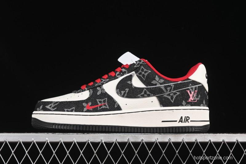 Nike Air Force 1 '07 Low LV Collaboration Black Denim Red Swoosh Casual Sneakers - LW9279-001