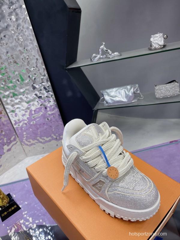 2025 Unisex Louis Vuitton White Crystal Leather Plimsolls Bing Bing AS00420