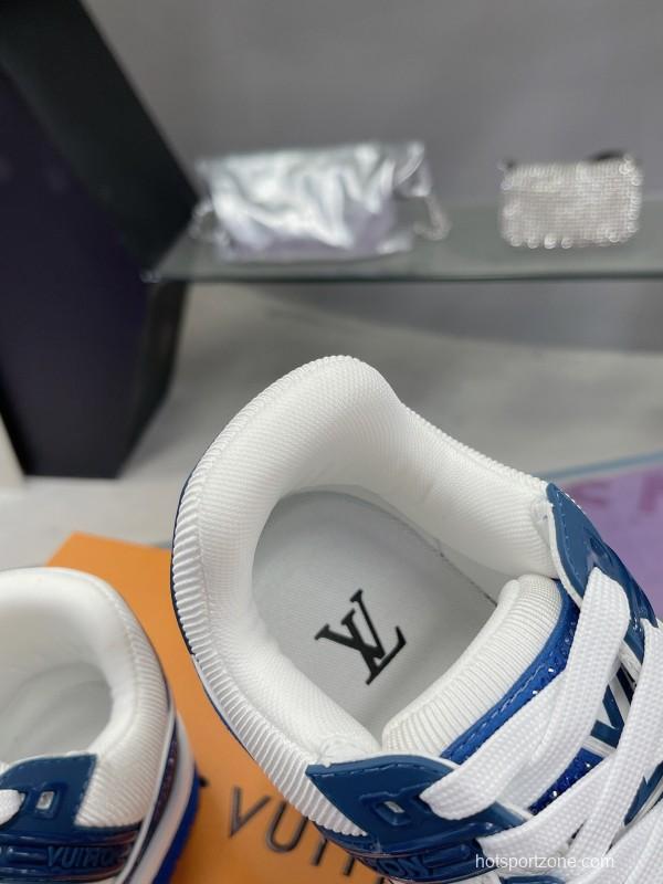 2025 Unisex Louis Vuitton Blue White Leather Plimsolls Handcrafted Beaded AS00400