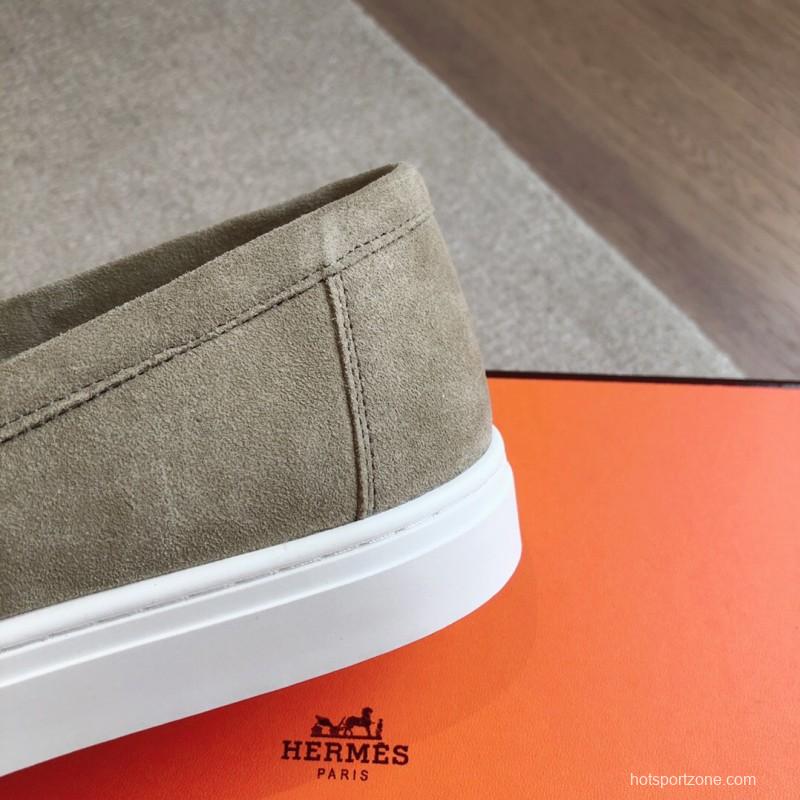 2025 Unisex Hermès Khaki Suede Leather Loafers AS00380