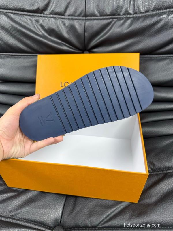 2025 Men Louis Vuitton Blue Leather Slippers AS00170