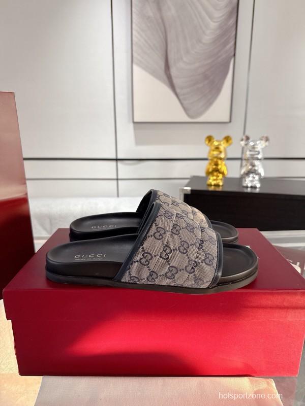2025 Unisex Gucci Black Grey Fabric Slippers Double G Embossed AS00240