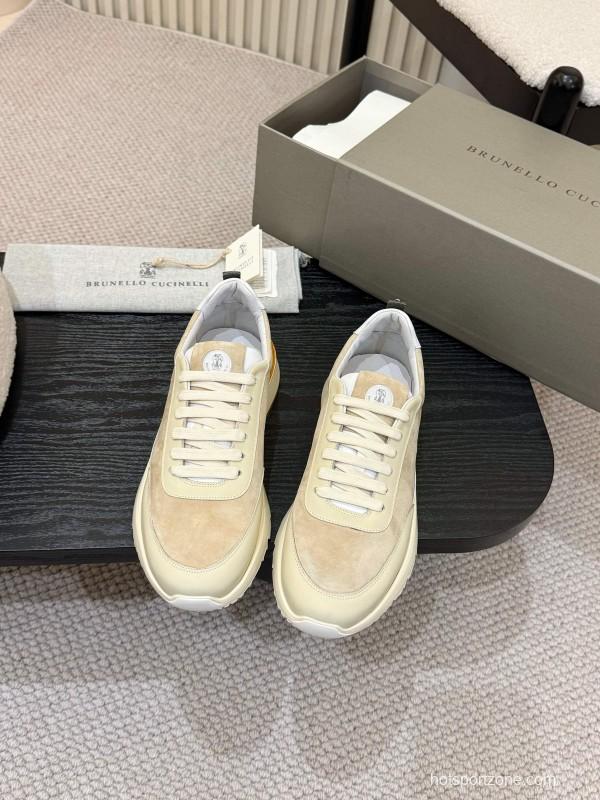 2025 Unisex Brunello Cucinelli Black Milk Blue Apricot Calfskin Leather Sneakers AS00320