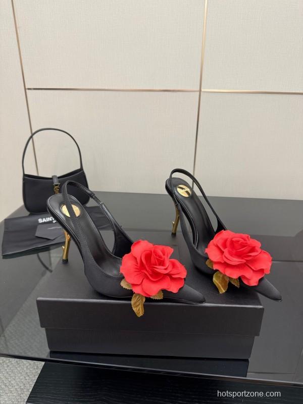 Saint Laurent 2025 SS Rose Thorn High Heels with Sculptural Gold Heel - KFY00320