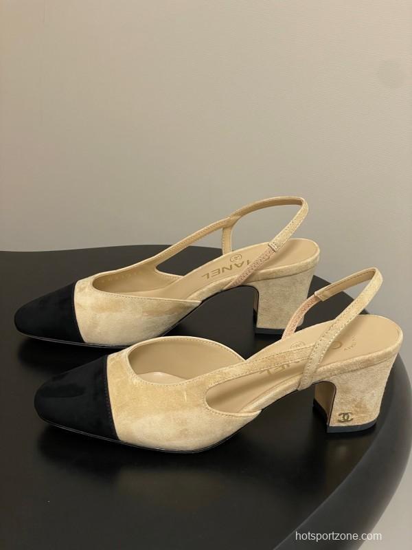 Chanel Sling-back Two-Tone Suede Slingback Sandals Flat/Block Heel - KFY00280