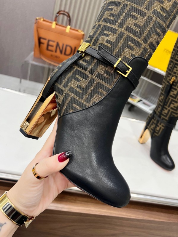 FENDI Delfina Round Toe Boots with FF Buckle and Heel Detail - LY00