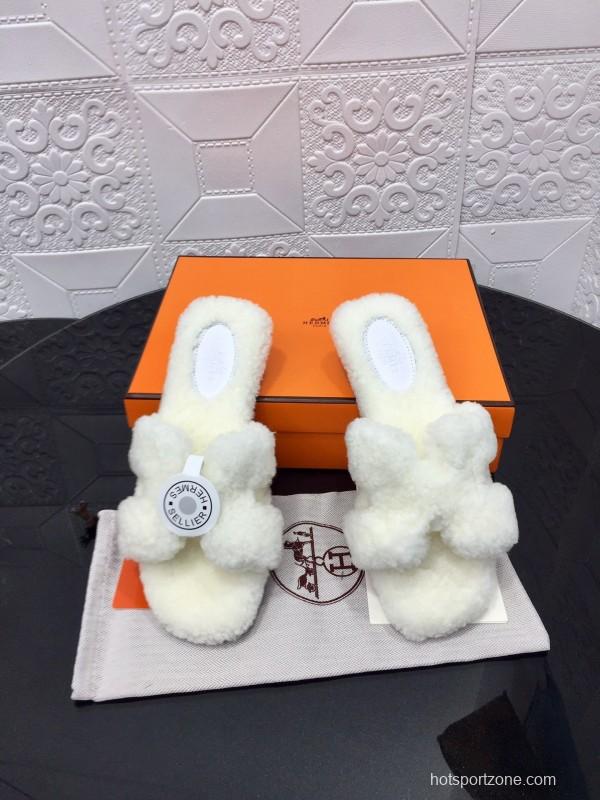 H Teddy Wool H Slippers Flat Sole Fur Slides - LY00240