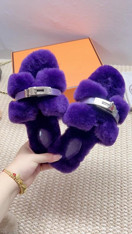 Hermès 2025/SS Teddy Wool H Slippers Flat Fur Slides - LY00260/230