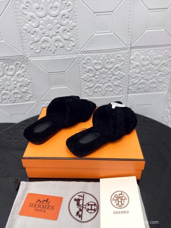 H Teddie Wool H Slippers Flat Sole Fur Slides - LY00240