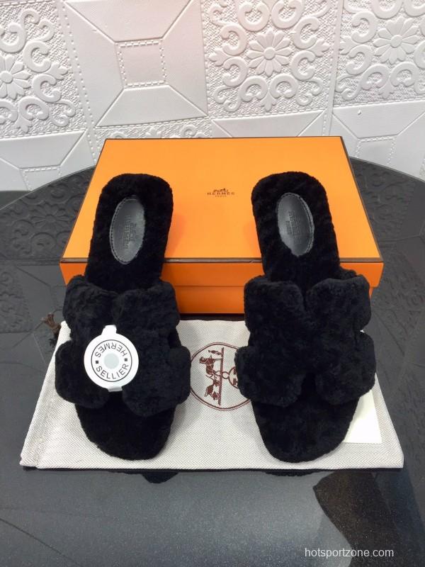 H Teddie Wool H Slippers Flat Sole Fur Slides - LY00240