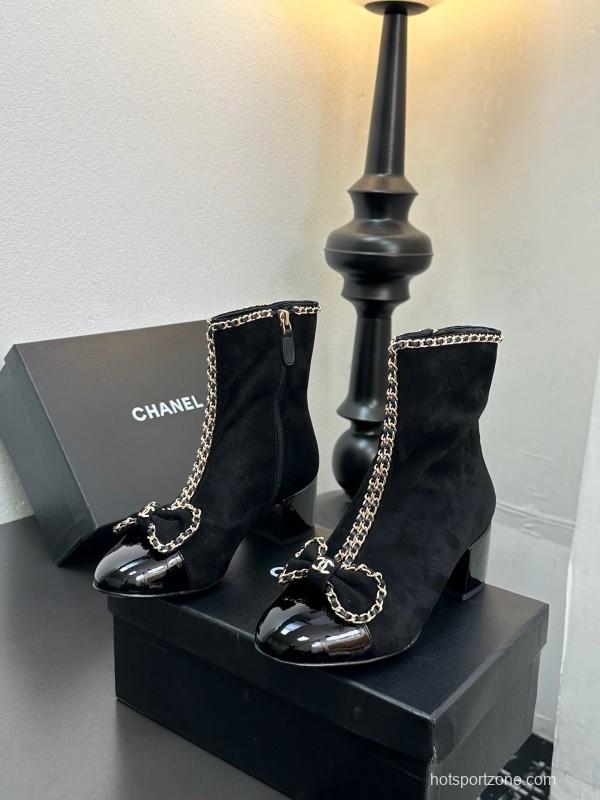 Chanel 2025 SS Chain Bow Chunky Heel Ankle Boots - LY00370