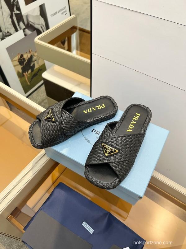 Prada 2025 SS Raffia Handwoven Cross Strap Sandals - KFY00260
