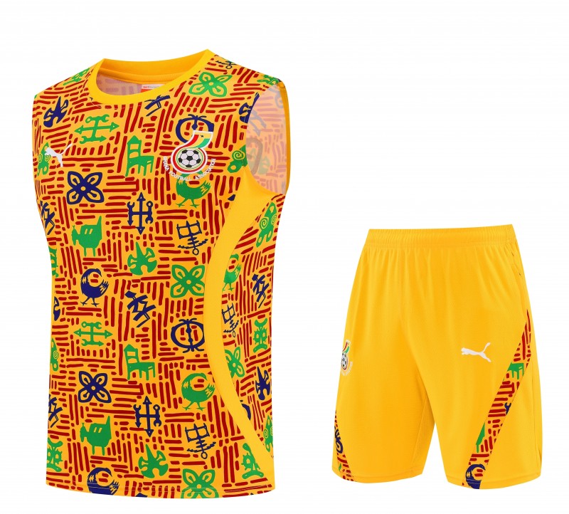 25/26 Ghana Yellow Adinkra Symbol Print Sleeveless Training Suit + Shorts