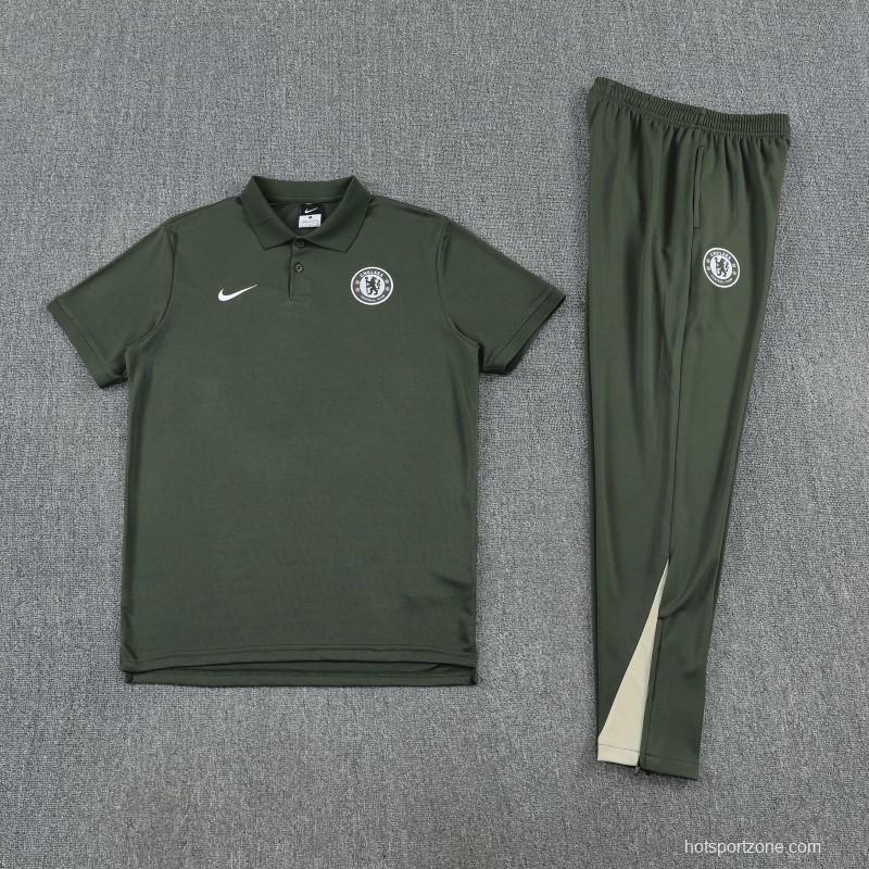 26/27 Chelsea  Dark Green Polo Training Shirt + Long Pants Tracksuit