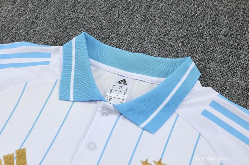 26/27 Argentina White Stripes Polo Training Shirt + Navy Blue Long Pants Tracksuit