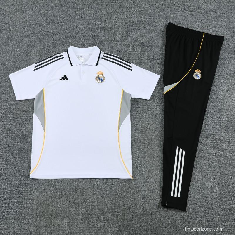 26/27 Real Madrid White Polo Training Shirt + Black Long Pants Tracksuit