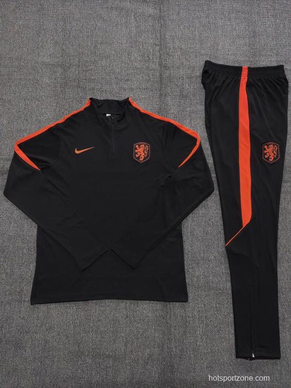 2026 Kids Netherlands Black & Orange  Half Zipper Jacket Tracksuit + Long Pants