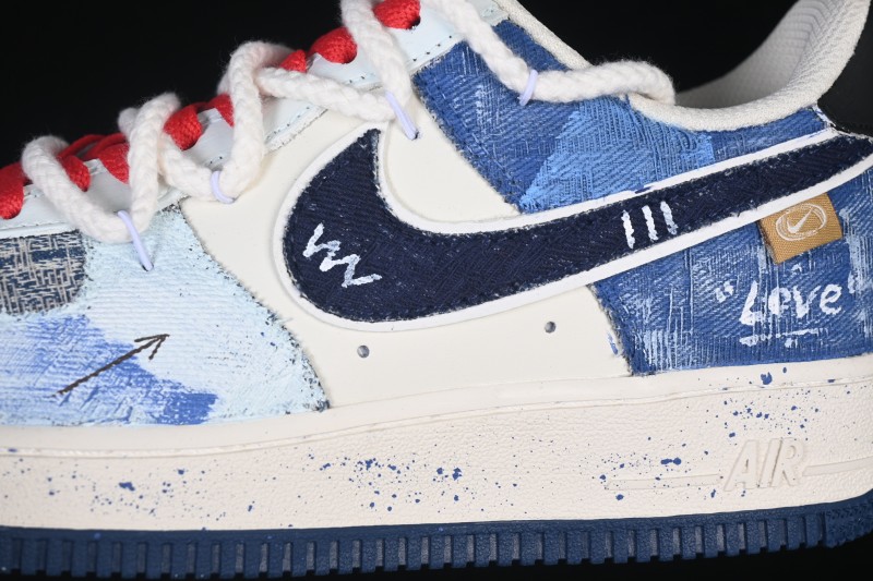 Nike Air Force 1 '07 Low Hand-Drawn Sneakers with Indigo-Dyed Denim and Leather Upper - FB0607-707