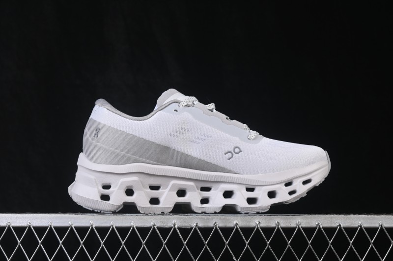On Cloudmonster 3 Cushioned Running Shoes – White/Grey with Silver-Grey Logo