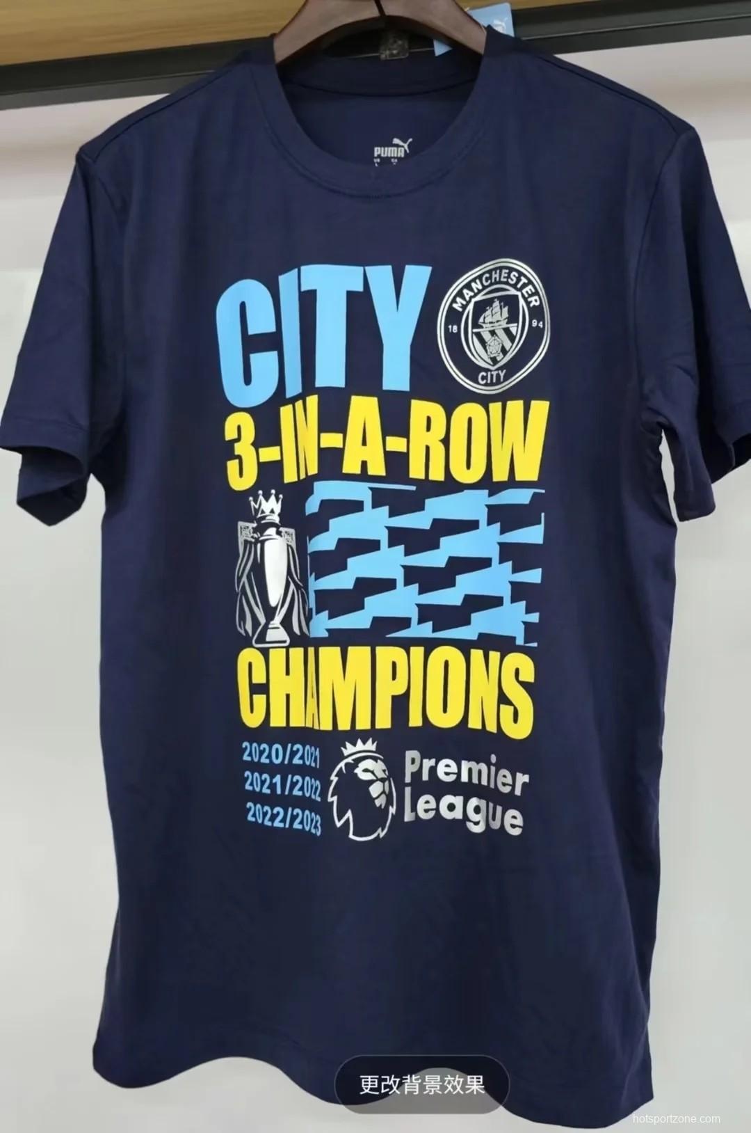 23/24 Manchester City Navy 3 In A Row Champions T-Shirt