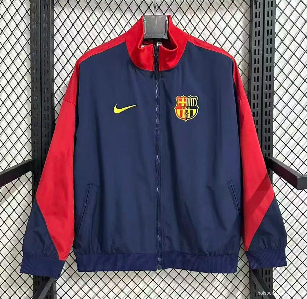 25/26 Barcelona Navy Blue with Red Color Block Full Zipper Windbreaker