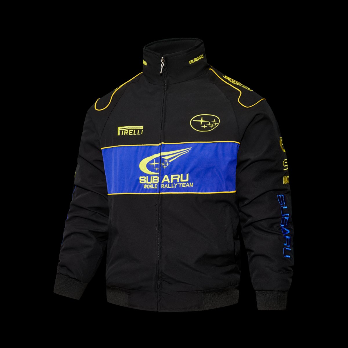 2026 F1 Subaru World Rally Team Black and Blue Racing Jacket with Yellow Trim and Pirelli Logo