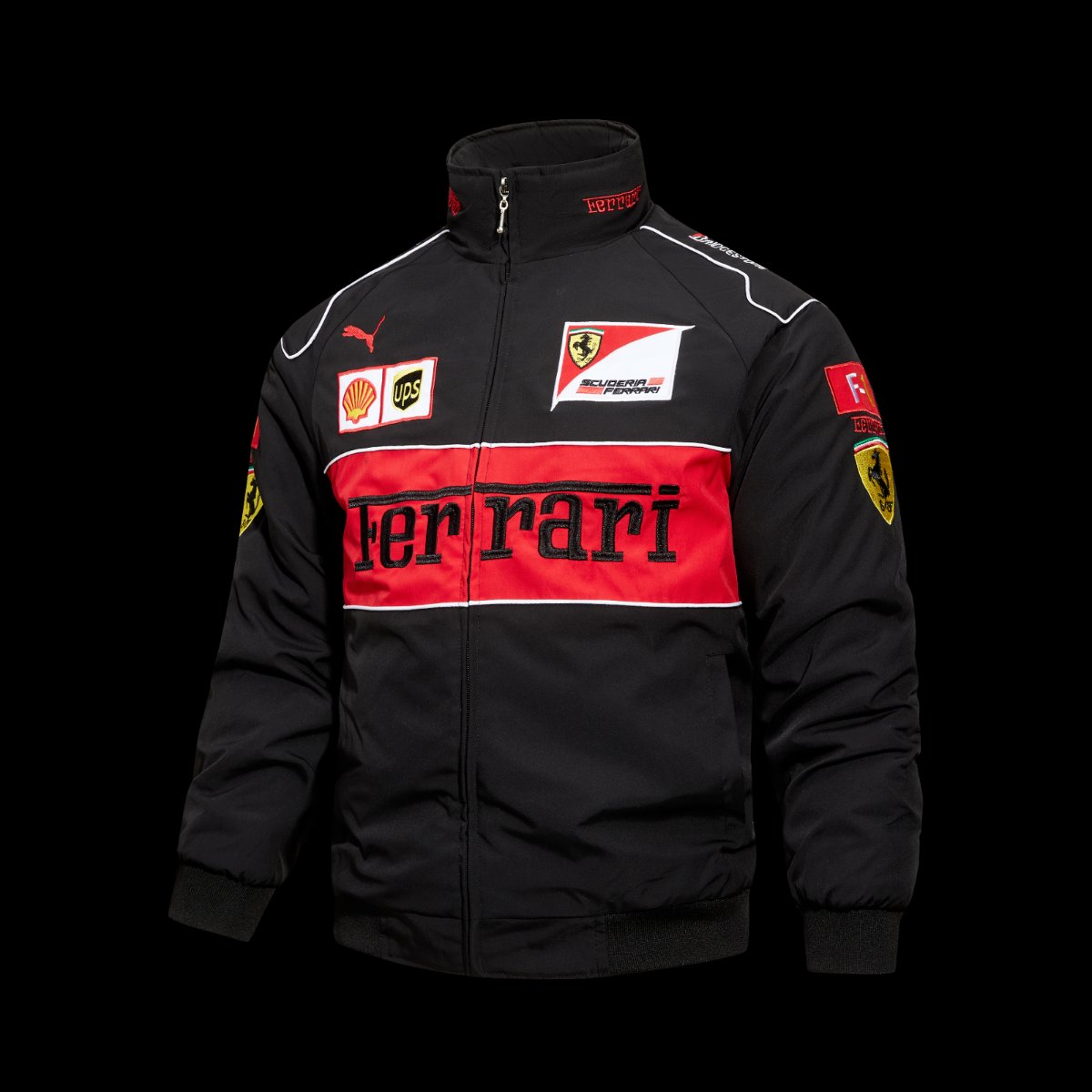 2026 Scuderia Ferrari F1 Team Black Racing Jacket with Red Stripe and Shell UPS Sponsor Logos