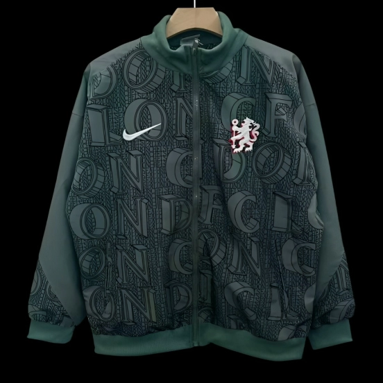 25/26 Chelsea FC Green with All-Over London Text Pattern Full Zipper Windbreaker
