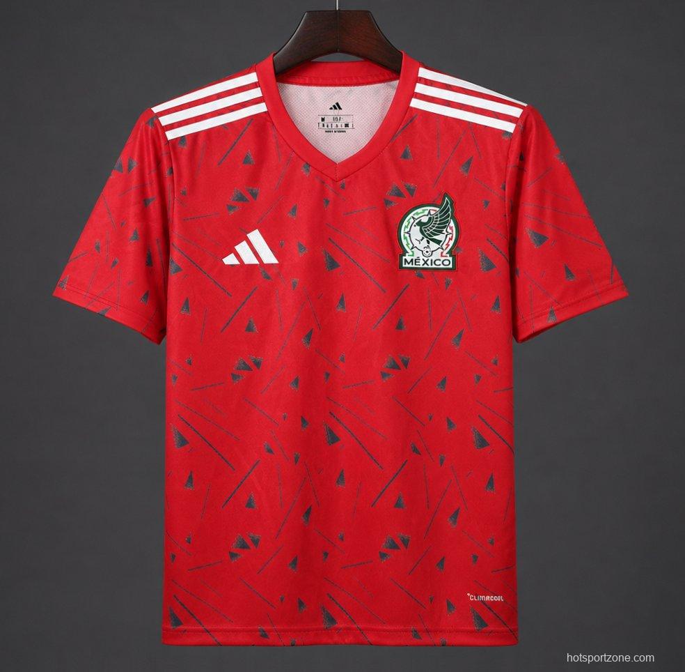 2026 Mexico Red Soccer Jersey with Green Geometric Triangles and Stripe