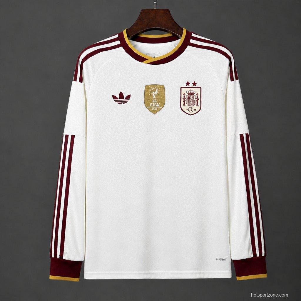 2 Star 2026 Spain Away White Long Sleeve Jersey With Champion Patch